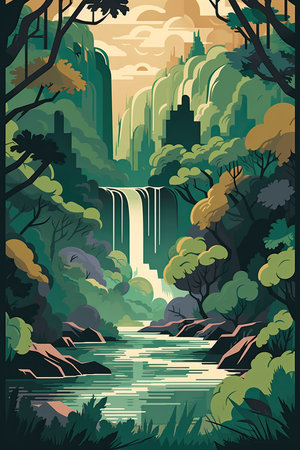 Landscape with a waterfall in the forest. Vector illustration in flat styleの素材