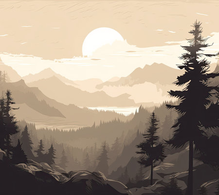 Mountains with coniferous forest at sunset. Vector illustration.の素材