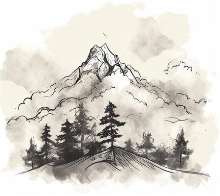 Hand drawn mountain landscape with pine trees and clouds. Sketch illustration.の素材