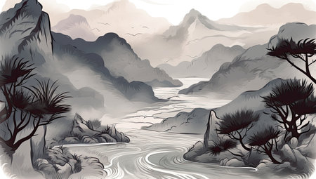 Landscape with river and mountains. Monochrome vector illustration.の素材