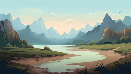 Landscape with river and mountains in cartoon style. Vector illustration.の素材