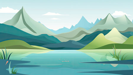 Beautiful landscape with river, mountains and forest. Vector illustration.の素材