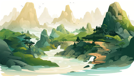 Landscape with mountains and lake. Vector illustration in cartoon style.の素材