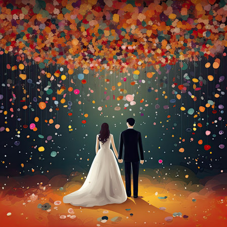 Wedding couple in love with confetti. Vector illustration.の素材
