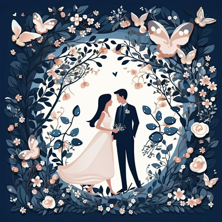 Wedding invitation card with bride and groom in floral frame. Vector illustration.の素材