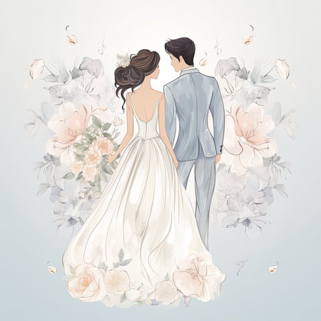 Wedding invitation card with bride and groom. Vector illustration.の素材