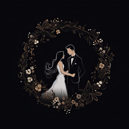 Wedding couple in a wreath of flowers. Vector illustrationの素材