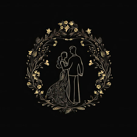 Wedding couple in a floral wreath. Vector illustration.の素材