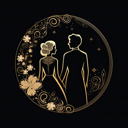 Elegant silhouette of the bride and groom on a dark background. Vector illustrationの素材