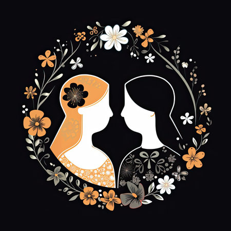Wedding invitation card with brides silhouettes. Vector illustration.の素材