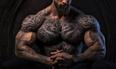 Portrait of a tattooed bodybuilder in a dark room.の素材