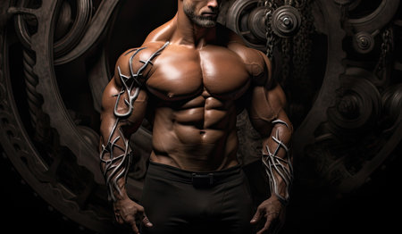 Portrait of a strong bodybuilder posing in the gym. Fitness and bodybuilding concept.の素材