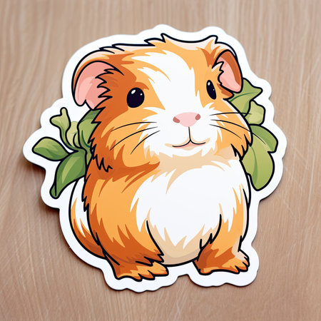 Cute guinea pig sticker on wood background. Vector illustration.の素材