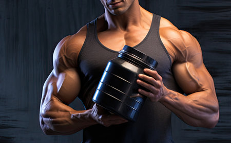 Athletic young man with a protein shake on a dark backgroundの素材
