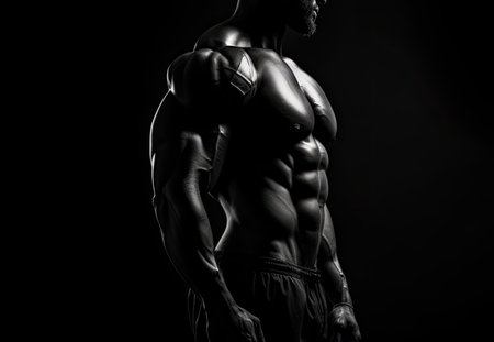 Athletic young man with muscular body posing over black backgroundの素材
