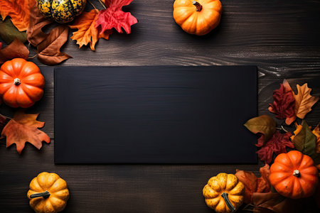 Thanksgiving background with pumpkins and autumn leaves on dark wooden boardの素材