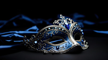 Photo of elegant and delicate Venetian mask over blue silk backgroundの素材