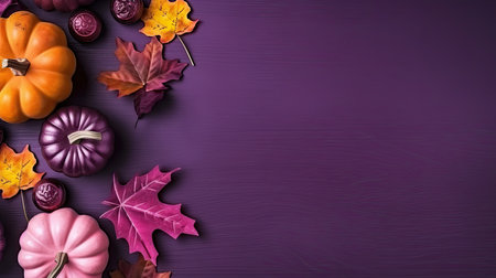 Autumn background with pumpkins and leaves on purple wooden background.の素材