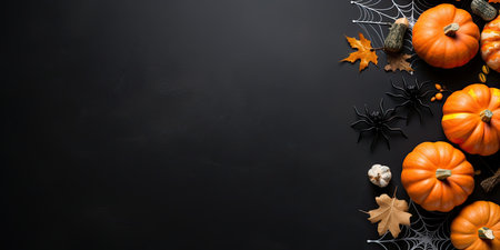 Halloween background with pumpkins, spiders and autumn leaves on blackboardの素材