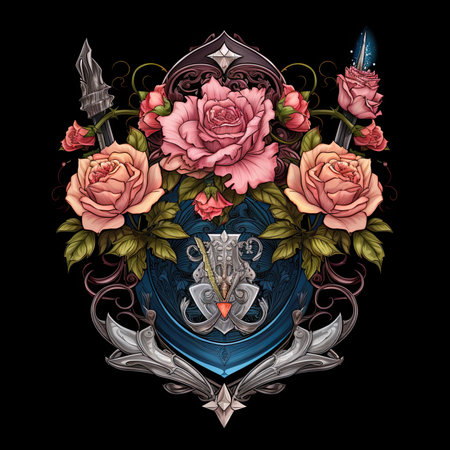 Vintage heraldic shield with roses. Vector illustration on black background.の素材
