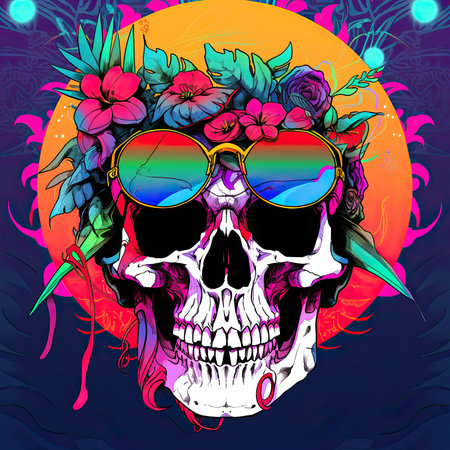 Skull with floral pattern and sunglasses on colorful background. Vector illustration.の素材