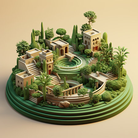3d model of a city with a pond, trees and housesの素材