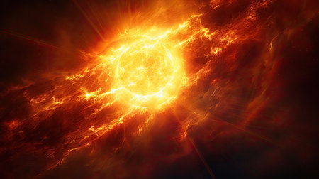 Fiery sun in space, computer generated abstract background, 3D renderの素材