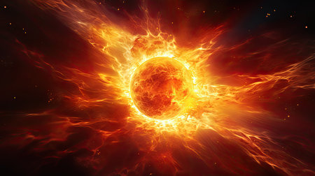 Fiery sun on a black background. 3D rendering, 3D illustration.の素材