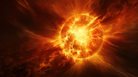 Fiery planet in space. Abstract fractal illustration for creative designの素材