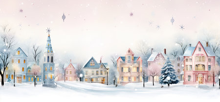 Winter city landscape with snow covered houses and christmas trees. High quality illustrationの素材