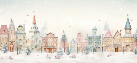 Christmas and New Year background. Cityscape with houses and trees.の素材
