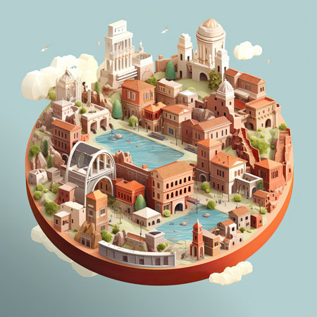 Travel to Italy concept. Isometric view of the famous landmarks of Italyの素材