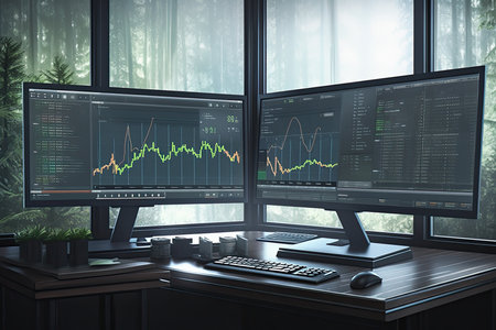 Computer screen with stock market graphs and charts. 3d rendering.の素材