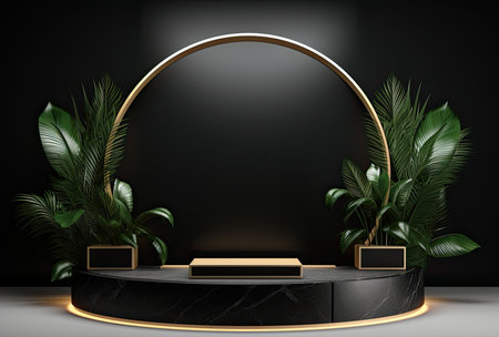Black marble podium with palm leaves and round arch, 3d renderingの素材