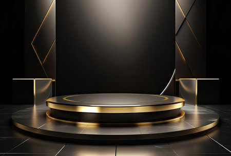 Black podium with gold elements, 3d rendering. Computer digital drawing.の素材