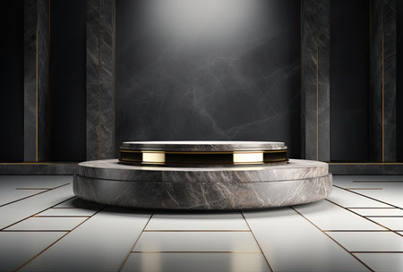 Black marble pedestal with gold podium on black background. 3d renderの素材