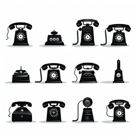 Retro telephone icon set. Vector illustration in black on white background.の素材