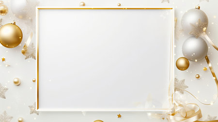 Christmas and New Year background with white frame, golden and silver balls, ribbons and snowflakes.の素材