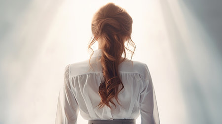Rear view of a young woman in a white blouse.の素材