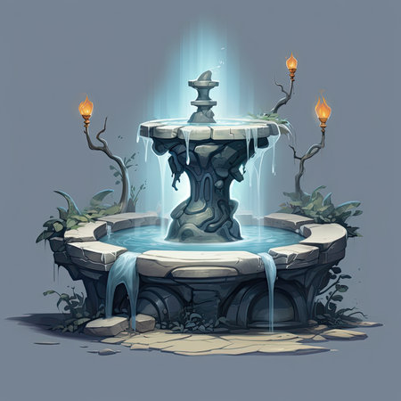 Fountain in the forest. Vector illustration on a gray background.の素材