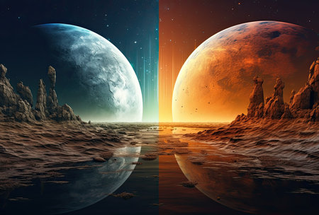 Fantasy alien planet. Mountain and moon. 3D illustration.の素材