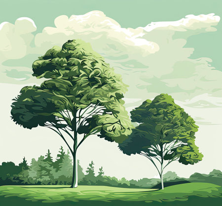 Vector illustration of a green trees on a green meadow with cloudsの素材