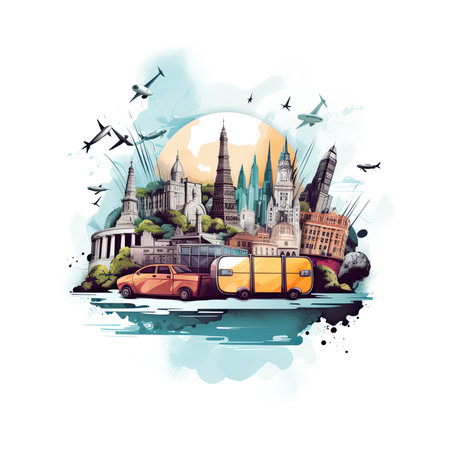Hand drawn famous landmarks of the world on watercolor background. Vector illustration.の素材