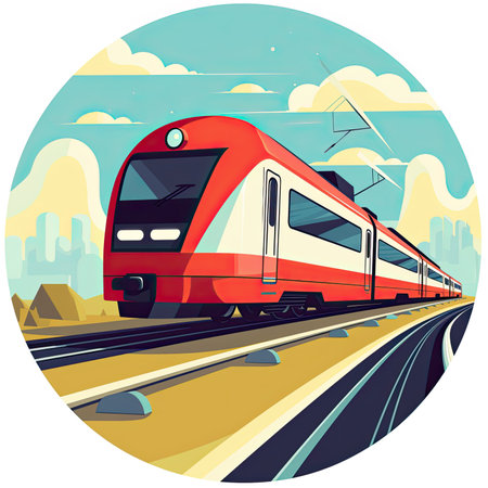 Modern high-speed train in the city. Vector illustration in retro style.の素材