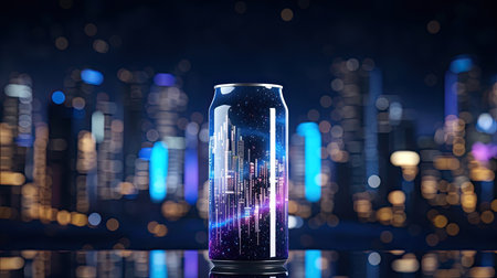 Beer can mockup with cityscape background. 3D Renderingの素材