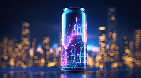 3d rendering of a can of energy drink with cityscape backgroundの素材