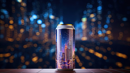 3D rendering of a beer can with a cityscape on the backgroundの素材