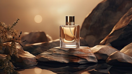 Perfume bottle on stone background. 3d rendering, 3d illustration.の素材