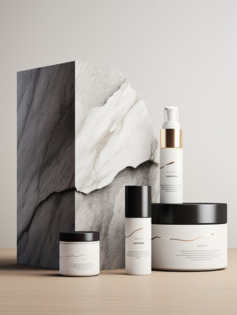 Mockup of cosmetic products with marble background. 3d renderingの素材