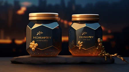 Honey in a glass jar on a dark background. 3d renderingの素材